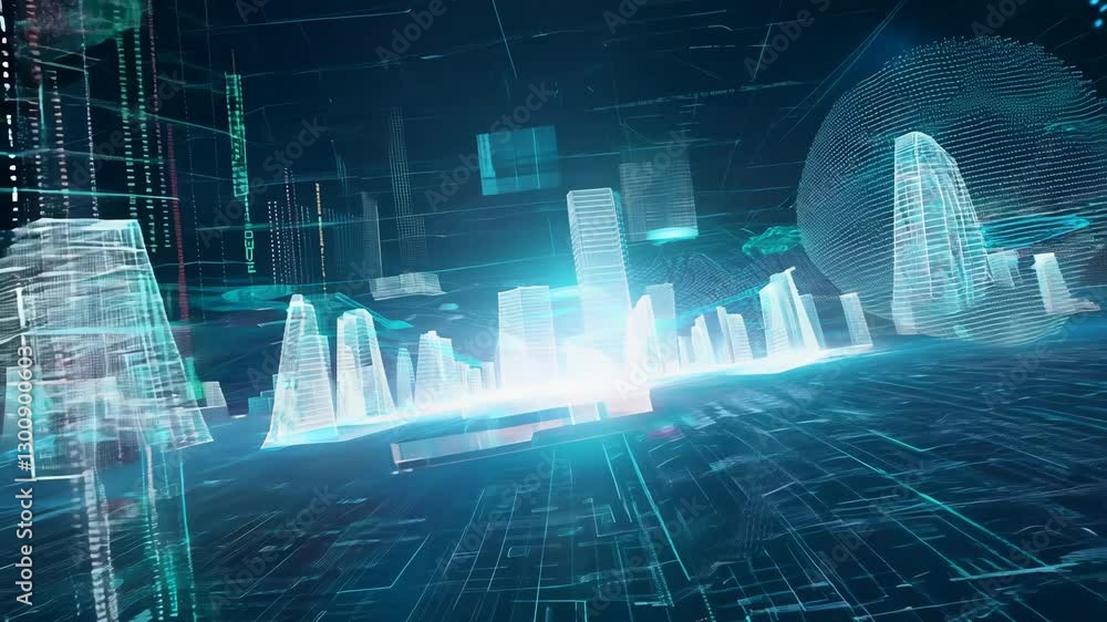Poster digital cityscape fly-through abstract futuristic urban landscape animation with glowing blue data s