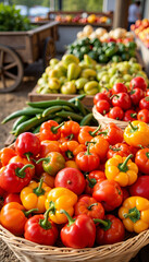 Vibrant assortment of peppers in a basket at farmer's market, seasonal harvest