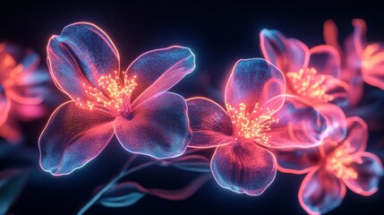 Abstract 3D rendering of flowers with glowing neon outlines on a black backdrop 