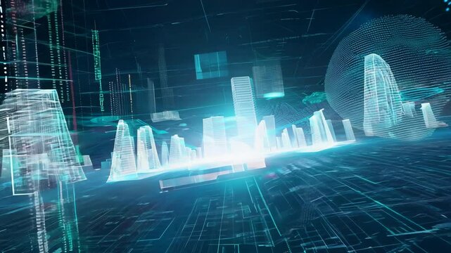 Digital Cityscape Fly-Through Abstract Futuristic Urban Landscape Animation with Glowing Blue Data Streams, Grid Network, and Modern Building Architecture Visualization - 4K ProRes 422 File.