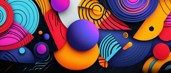 Colorful Abstract Geometric Design Featuring Circles, Lines, and Swirls in Vibrant Shades on a Dark Background