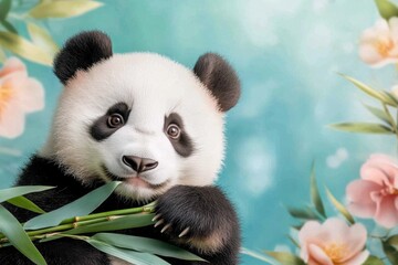 Fototapeta premium A panda bear lying on its back, holding a bamboo shoot in its paws with an adorable expression