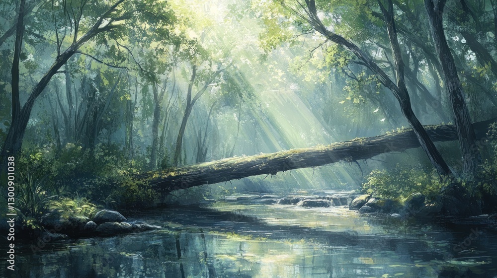 Aufkleber a serene forest scene with sunlight filtering through trees over a tranquil stream.