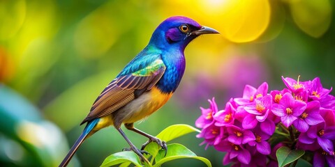 A Vibrant Bird Perched on Lush Green Foliage Amongst a Cluster of Vivid Pink Flowers in a Sunlit Garden