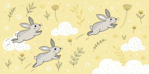 Fototapeta premium three adorable rabbits jumping with joy in a whimsical floral scene 