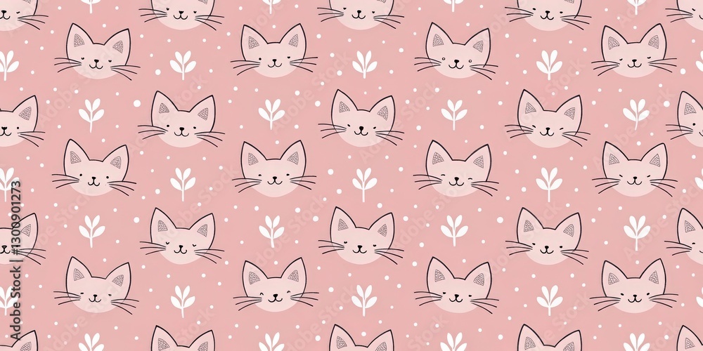 Poster a cute pattern of cat faces with delicate floral elements arranged in a seamless repeat design, with