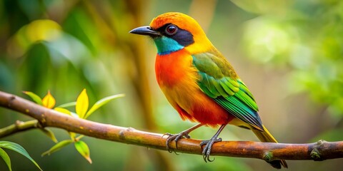 Fototapeta premium Vibrant Tropical Bird Perched on a Branch, Showcasing its Exquisite Plumage of Orange, Green, and Blue Hues in a Lush Natural Setting