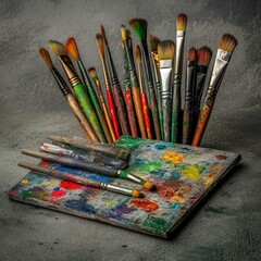 Obraz premium Colorful Collection of Paintbrushes and a Palette on a Textured Surface Ready for Artistic Creation
