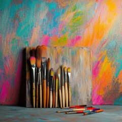 Fototapeta premium Creative Workspace With Colorful Paintbrushes and Vibrant Background in an Artistic Studio Setting