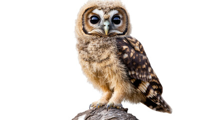 Naklejka premium An owl perched on a branch, with large golden eyes, soft feathers, and a calm expression. The background is completely transparent, showcasing the owl in full focus