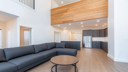 A modern living room with high ceilings and white walls, featuring an L-shaped black sofa on the left side of the space.