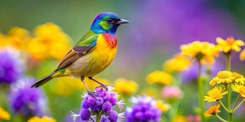 Fototapeta premium Vibrant feathered jewel perched amidst a profusion of colorful blossoms, a breathtaking display of nature's artistry and beauty in a vibrant garden setting.