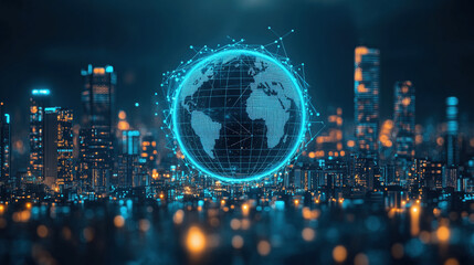 A digital globe with glowing blue connections, representing global network and connectivity.