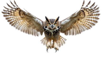 A majestic owl with intricate feather details and sharp talons, gliding mid-flight with its wings spread wide. The image is isolated on a transparent background.