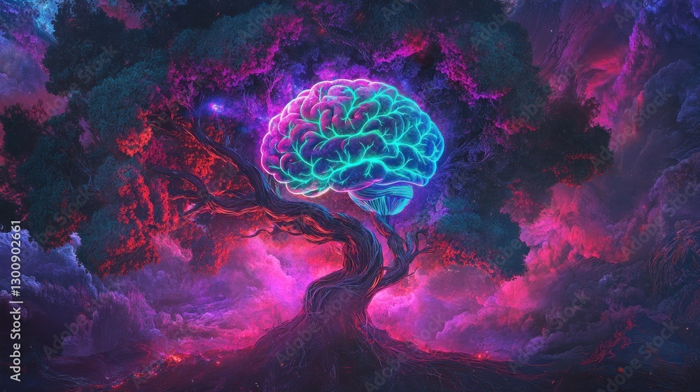 Poster a vibrant tree with a glowing brain symbolizes the connection between nature and intellect.