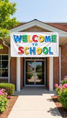 Colorful welcome to school banner at outdoor entrance, back to school theme