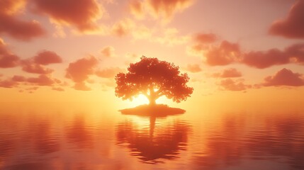 Solitary Tree on Island at Sunset Over Calm Water