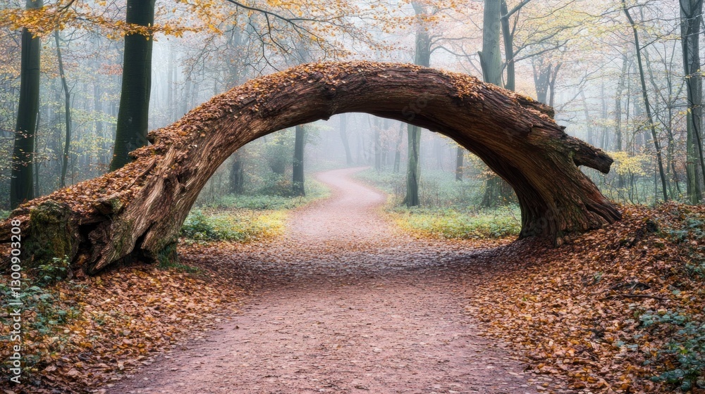Poster a misty forest path with an arching fallen tree and autumn foliage.