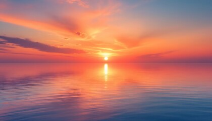 Obraz premium Orange Sunset Over Ocean, Serene Water Reflections, Sky Art 
