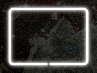 White neon light on dark wood and color splash and dropes. Rectangle frame and glowing line.