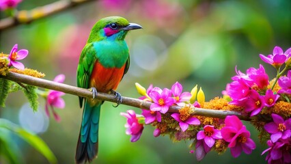 Fototapeta premium Vibrant tropical bird perched on a flowering branch, showcasing its iridescent plumage against a lush green background, a delightful scene of nature's beauty.