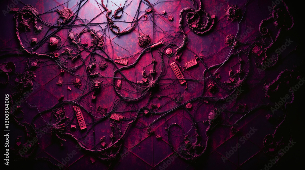 Poster abstract installation with tangled wires and objects in deep red lighting. generative ai