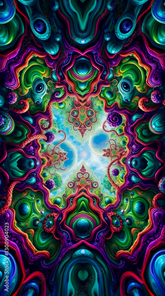 Poster colorful abstract surreal design featuring vibrant shapes and swirling patterns in a dreamlike atmos