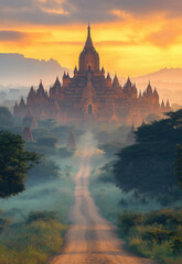 Dirt path to the ancient temples of Bagan, between fields with trees.
