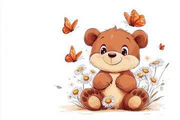 Obraz premium A playful 2D cartoon of a bear cub tumbling through a field of daisies, surrounded by animated butterflies on a clean white background
