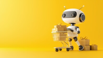 Cute Robot with Shopping Cart and Gift Boxes Against a Bright Yellow Background for E-commerce and Technology Themes