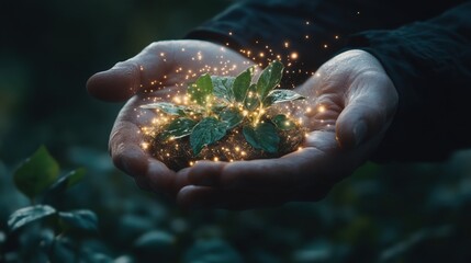 Hands nurturing young plants surrounded by a magical glow illustrating the beauty of nature and growth