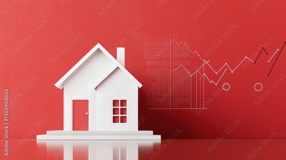 Poster white house model on reflective surface with red backdrop and financial graphs symbolizing property 