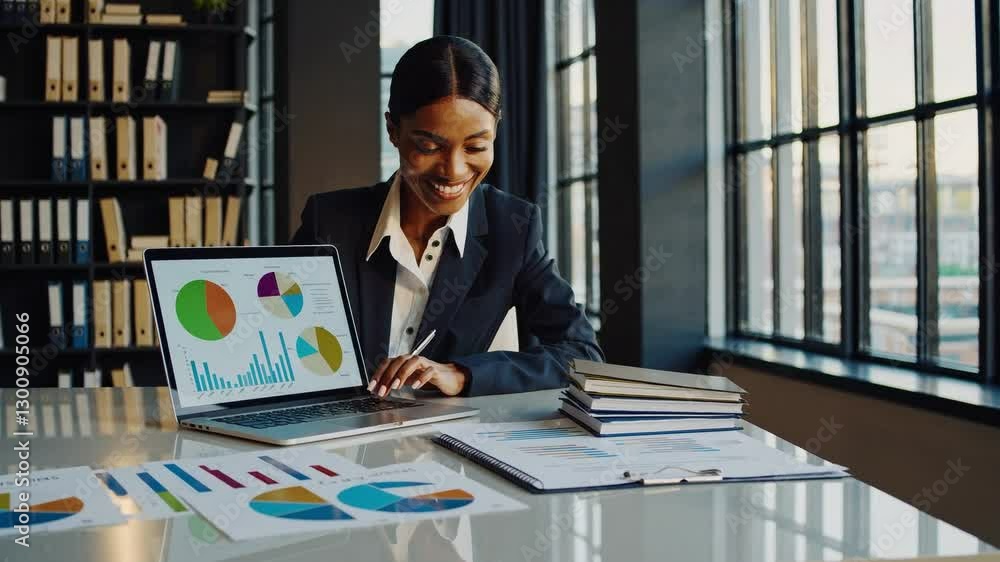 Poster a young black woman analyzing business charts in a modern office setting while smiling and using a l