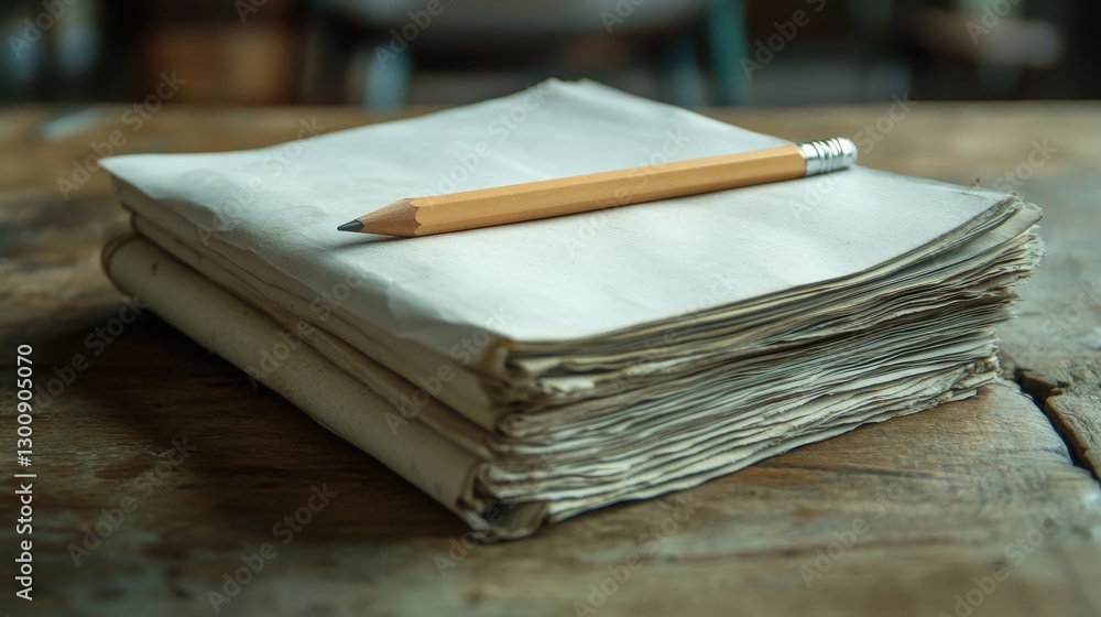 Poster a stack of papers with a pencil resting on top, symbolizing preparation for a project