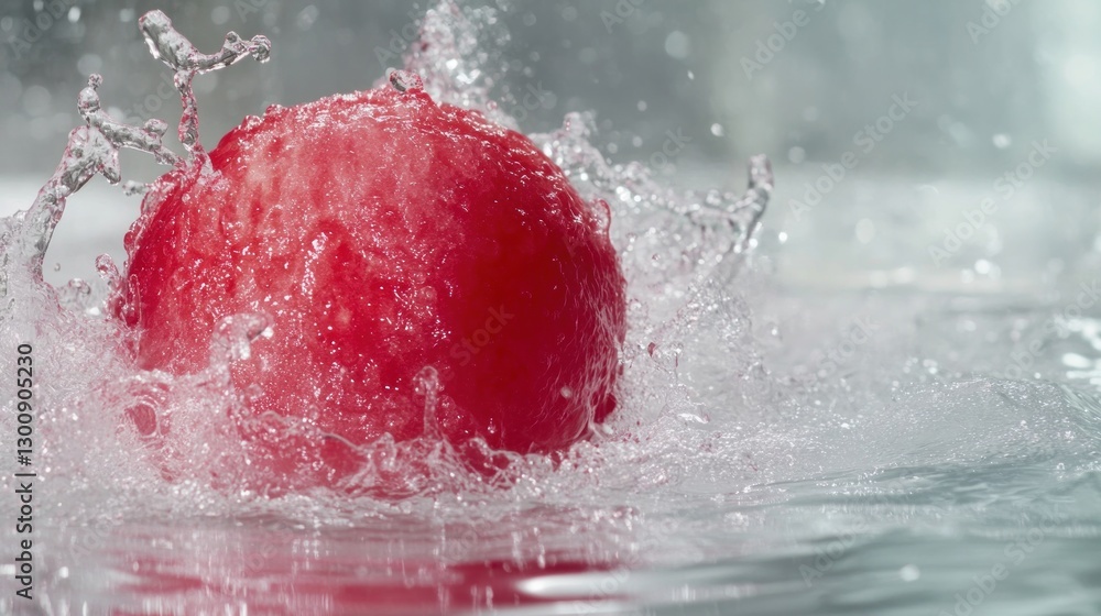 Poster a red fruit splashes into water, creating dynamic ripples and droplets.