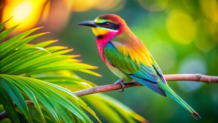 Obraz premium Vibrant Rainbow Bird Perched on Tropical Branch at Golden Hour