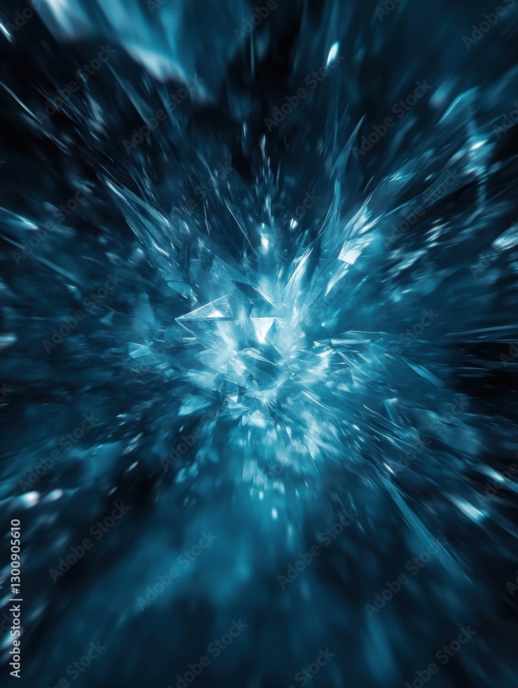 Poster abstract shards of blue crystal with light bursts emanating from its core. dark backdrop