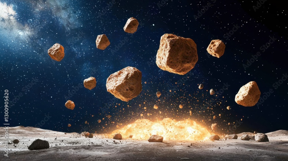 Poster explosive asteroid collision in outer space with flashes of light and surrounding cosmic elements