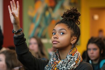 A student raising their hand to ask a question during a poetry analysis lesson