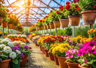 Greenhouse Flowers, Colorful Flower Pots, High Depth of Field Photography, Vibrant Blooms, Indoor Plants