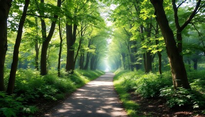 Fototapeta premium Green Forest Path_ Nature Walk in a Lush Woodland Scene 