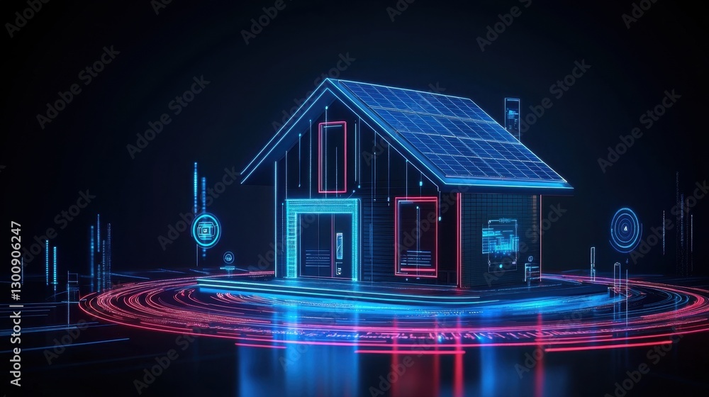 Poster futuristic smart home with solar panels and digital interface in a high-tech environment