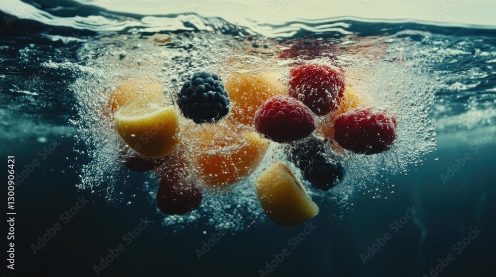 Poster fruits splashing into water, creating a vibrant and refreshing visual effect.