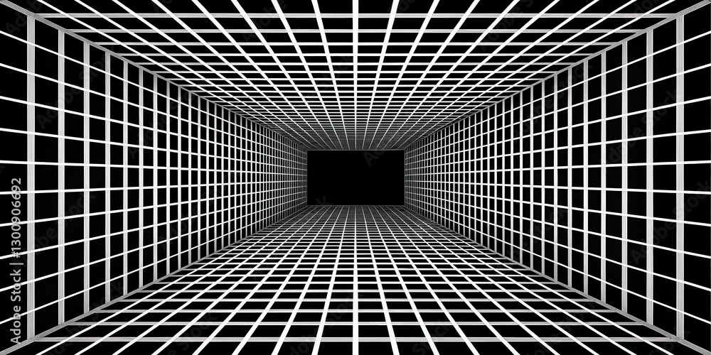 Poster an abstract hallway or corridor with a geometric grid pattern that disappears into a black space