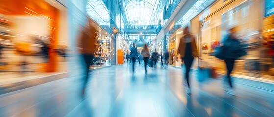 Shoppers moving quickly in a store with blurred motion, symbolizing the flow of consumer behavior and sales analysis, vibrant, bustling environment, modern retail scene