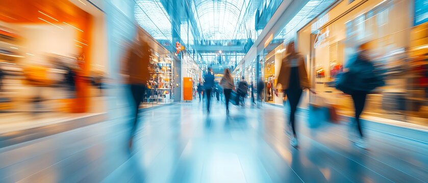 Shoppers moving quickly in a store with blurred motion, symbolizing the flow of consumer behavior and sales analysis, vibrant, bustling environment, modern retail scene