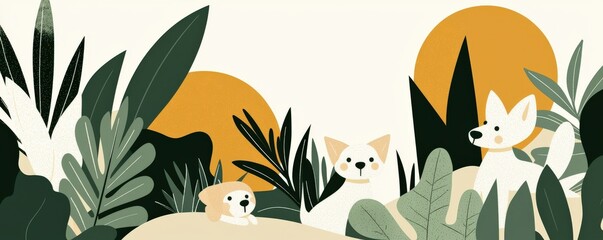 Playful Dogs in a Tropical Landscape Illustration Nature Colorful Whimsical Design