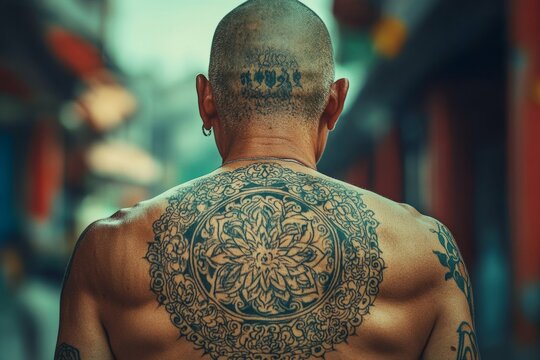 Close-up of a man's back, showcasing an elaborate and detailed sak yant tattoo, a traditional thai form of body art