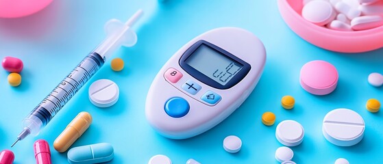 A scene of diabetes management tools glucose meter, syringe, and pills, symbolizing sugar level monitoring, clean medical design, vibrant, and informative tone