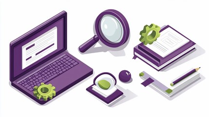 Purple laptop, magnifying glass, books, gears; research, learning, isometric, white background; education, workflow